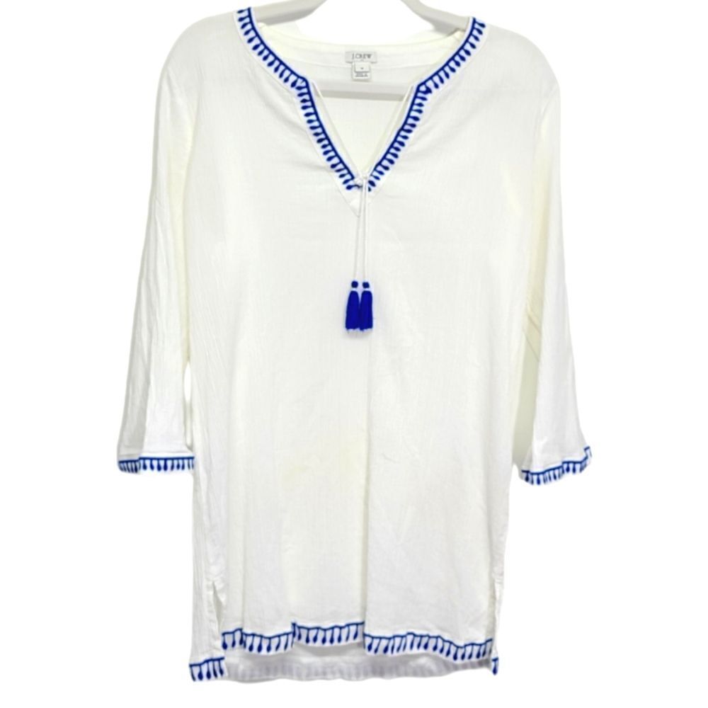 J. Crew Women's V-Neck‎ Cotton Tunic White/Blue Size Medium